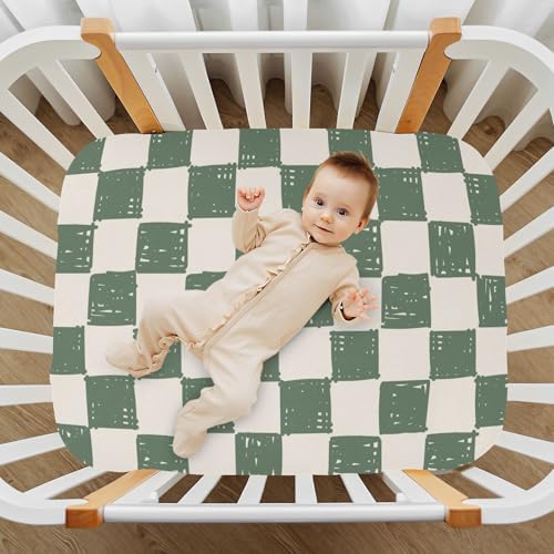 Light Green Checkerboard Doodle Fitted Crib Sheets for Baby