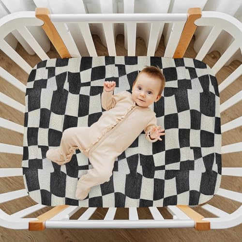 KICPOAY Fitted Crib Sheets Stretchy Playard Sheets Black White Snakeskin Checkered