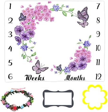 Baby Monthly Milestone Blanket - Purple Floral Butterfly 48x40 Inch