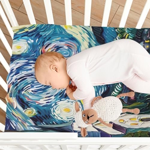 Joisal Oil Painting Starry Night Crib Fitted Sheet