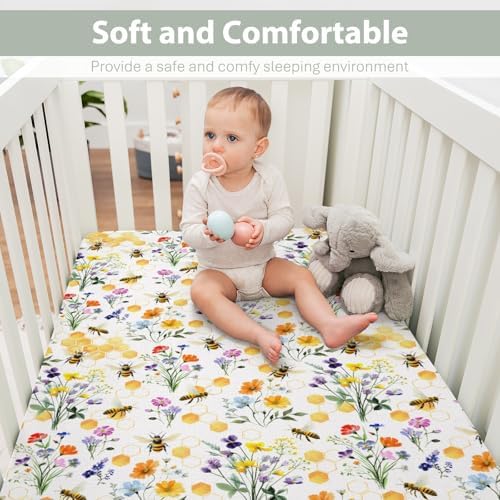 Boho Wildflower Bees Honeycomb Crib Sheet 52x28Inch