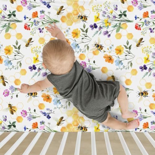 Boho Wildflower Bees Honeycomb Crib Sheet 52x28Inch