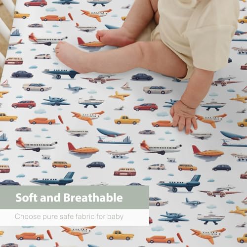 Colorful Planes Cars Baby Crib Sheet Retro 52x28