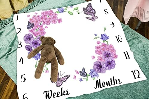 Baby Monthly Milestone Blanket - Purple Floral Butterfly 48x40 Inch