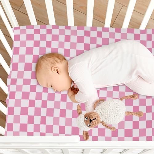 KICPOAY Light Pink Checkered Crib Sheets