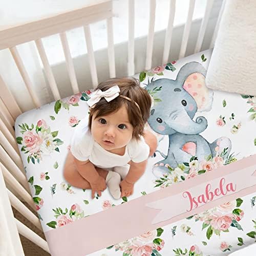 Personalized Baby Crib Sheets with Name Floral Elephant Design