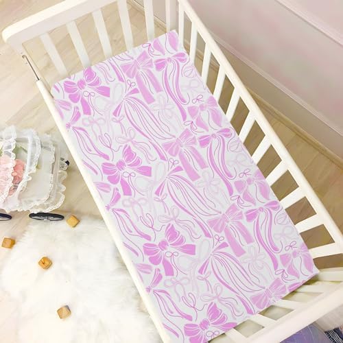 KICPOAY Fitted Crib Sheets with Pink Ribbons and Silk Bows 1