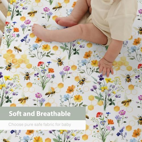 Boho Wildflower Bees Honeycomb Crib Sheet 52x28Inch