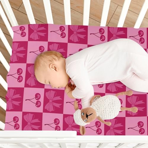 KICPOAY Checkered Pink Cherries Bows Crib Sheets 1
