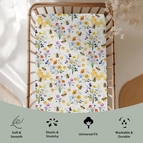 Boho Wildflower Bees Honeycomb Crib Sheet 52x28Inch