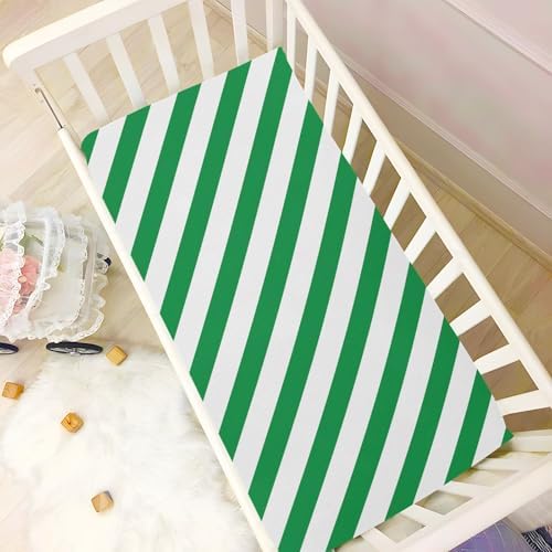 KICPOAY Green White Diagonal Crib Sheets Stretchy Playard Sheets 52x28in for Baby