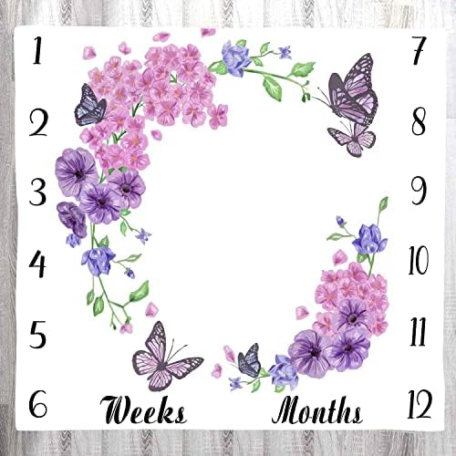 Baby Monthly Milestone Blanket - Purple Floral Butterfly 48x40 Inch