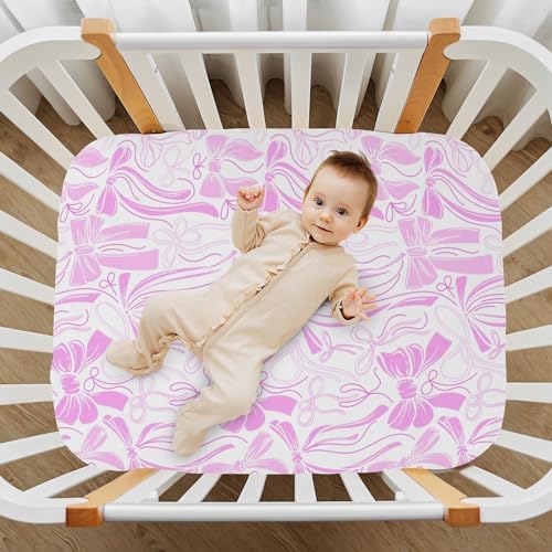 KICPOAY Fitted Crib Sheets with Pink Ribbons and Silk Bows 1