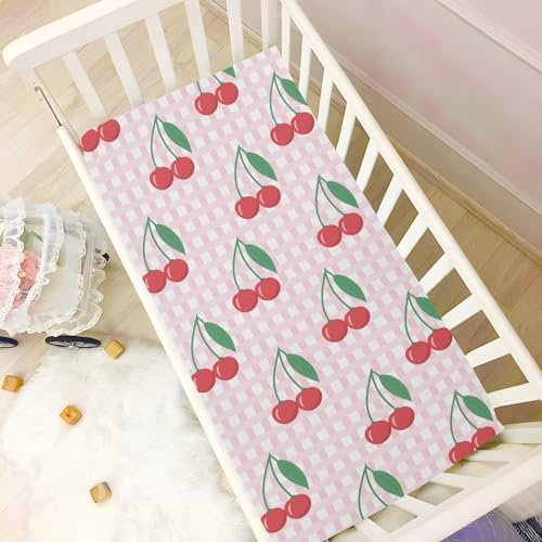 KICPOAY Red Cherry Checkered Crib Sheets Stretchy Playard Sheets for Baby Toddler