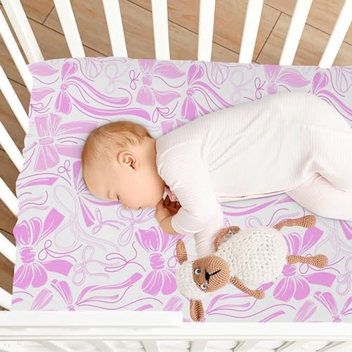 KICPOAY Fitted Crib Sheets with Pink Ribbons and Silk Bows 1
