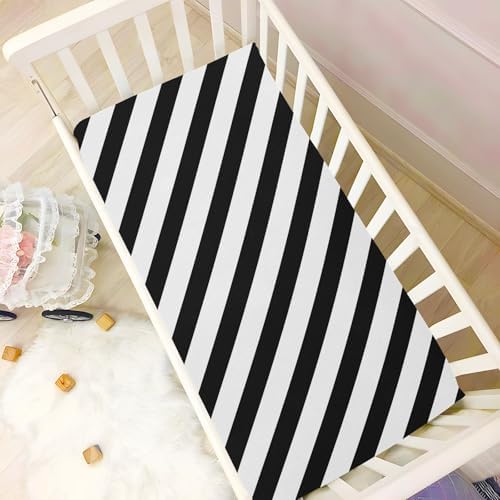 KICPOAY Black and White Diagonal Crib Sheets Stretchy Playard Sheets for Baby
