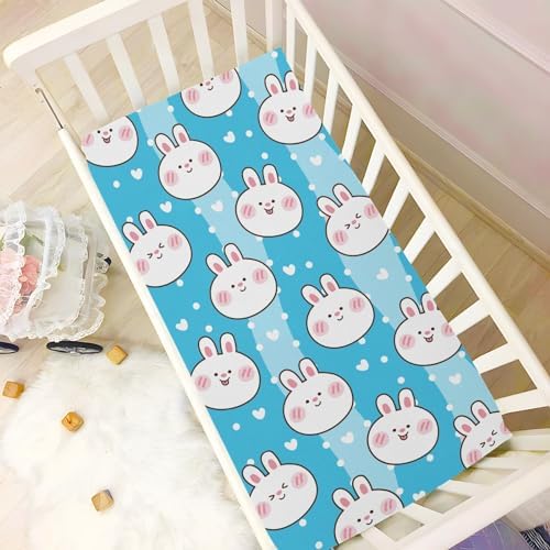 Cute Rabbit Face and Hearts Blue Crib Sheets for Baby