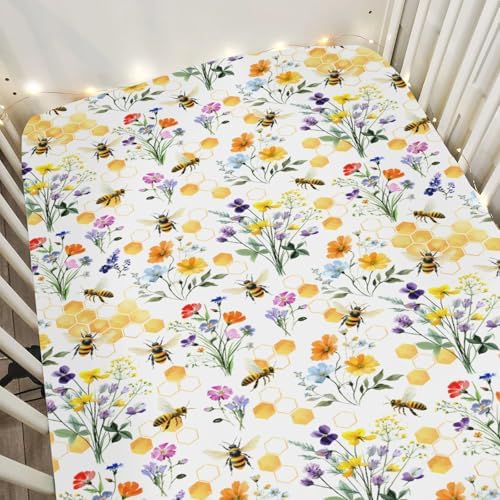 Boho Wildflower Bees Honeycomb Crib Sheet 52x28Inch