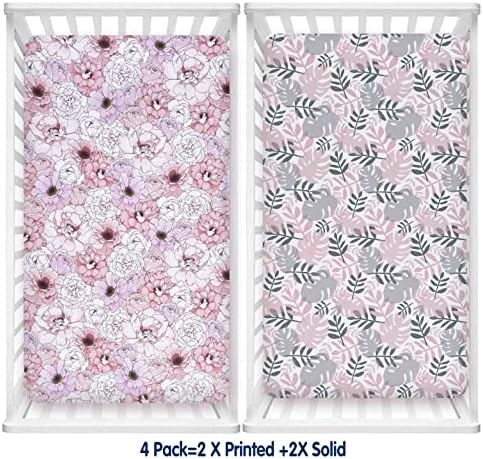 AMROSE 4 Pack Crib Sheets for Baby Girls 28 X 52 Fitted