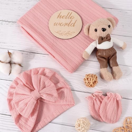 AQOKKA Newborn Swaddle Blanket with Bow Hat Set