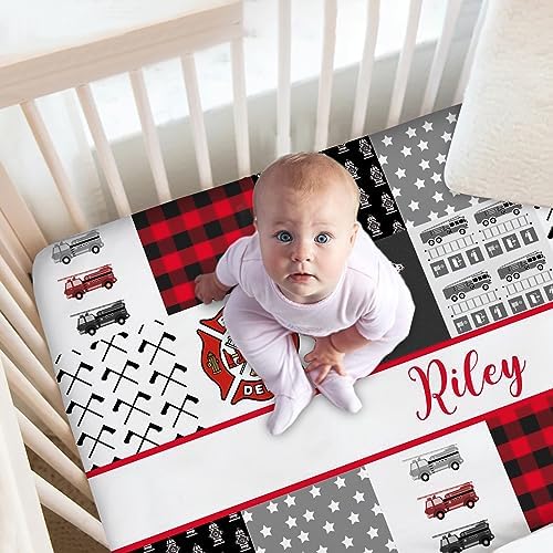 Personalized Crib Sheets with Name Fire Truck Design for Boys Girls