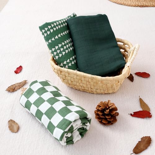 Happy Flute 3-Piece Muslin Swaddle Blankets Green