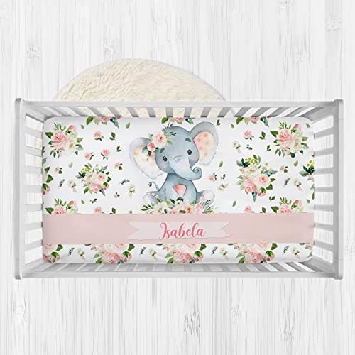 Personalized Baby Crib Sheets with Name Floral Elephant Design