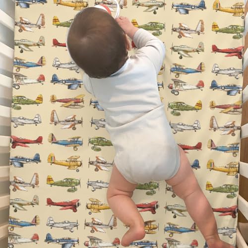 Vintage Airplane Crib Sheets 2 Pack - Soft Fitted for Boy Girl