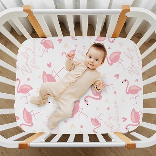 KICPOAY Flamingo Hearts Pink Crib Sheets Playard Sheets for Baby