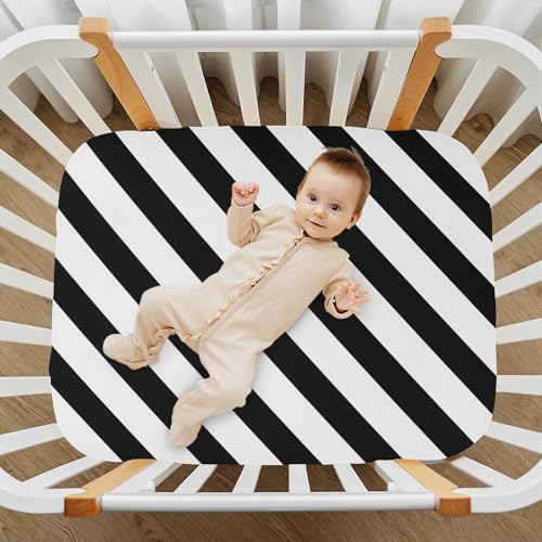 KICPOAY Black and White Diagonal Crib Sheets Stretchy Playard Sheets for Baby