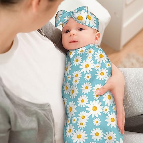 OLGCZM Baby Swaddle with Headband Set - Daisy Flower Blue