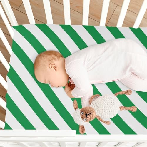 KICPOAY Green White Diagonal Crib Sheets Stretchy Playard Sheets 52x28in for Baby