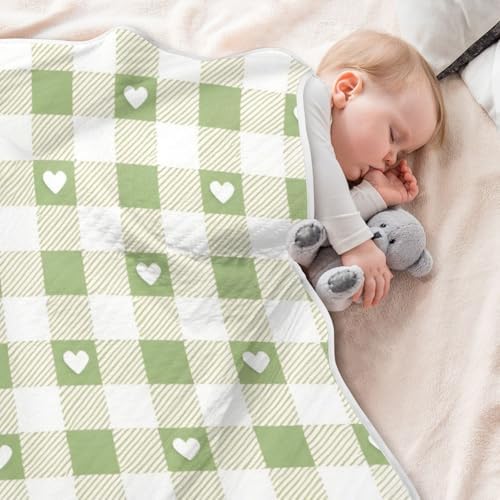 Sanluoli Swaddling Blanket with Satin Trim 30x40in Grey-Green Love Check