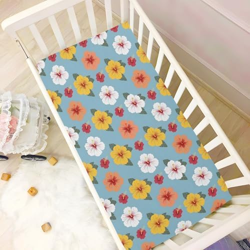 MNSRUU Crib Sheets for Boys Girls Blue Hibiscus Flowers Fitted Bedding
