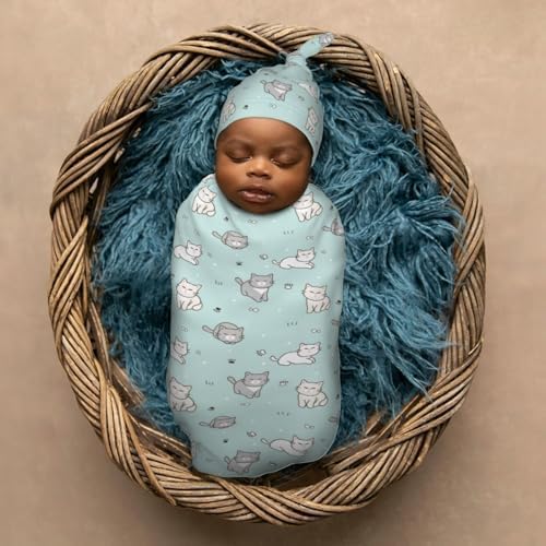 Cute Cartoon Cat Swaddle Blanket and Hat Set for Newborns