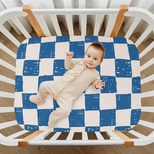KICPOAY Fitted Crib Sheet Light Blue Checkerboard Doodle Stretchy
