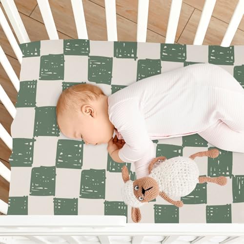 Light Green Checkerboard Doodle Fitted Crib Sheets for Baby