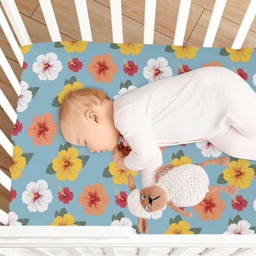 MNSRUU Crib Sheets for Boys Girls Blue Hibiscus Flowers Fitted Bedding