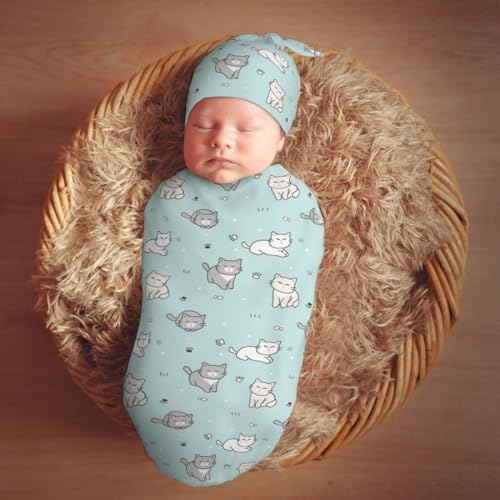 Cute Cartoon Cat Swaddle Blanket and Hat Set for Newborns