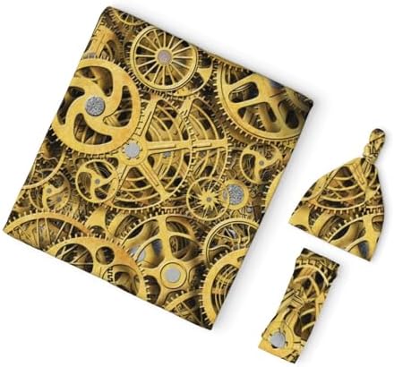 Cool Steampunk Gears Swaddle Blanket Set with Headband and Beanie Hat 1