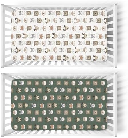 Boho Animals Crib Sheets 2 Pack Bear Deer Bunny Trees Mountain Soft Fitted