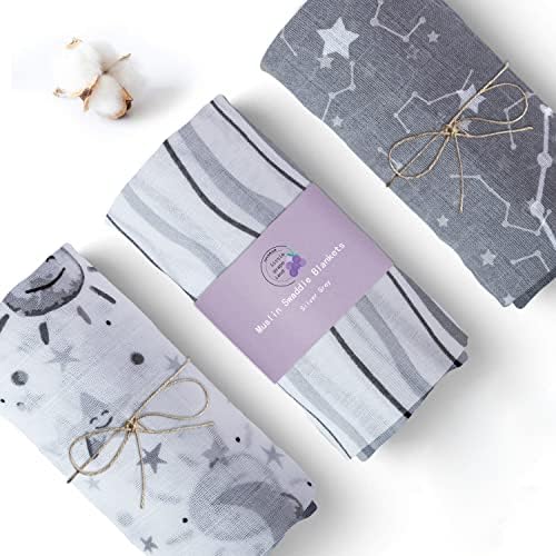 Little Grape Land Muslin Swaddle Blankets 47x47 3 Pack StarsGrey