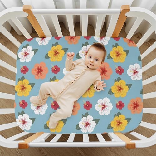 MNSRUU Crib Sheets for Boys Girls Blue Hibiscus Flowers Fitted Bedding