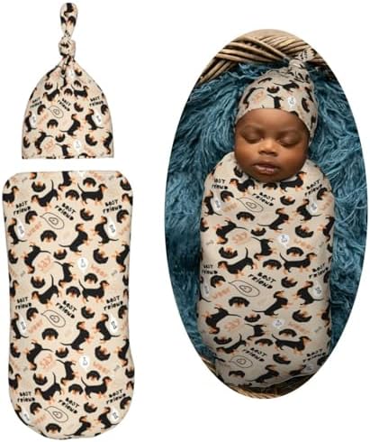 Muishi Cute Dachshund Swaddle Blanket and Hat Set
