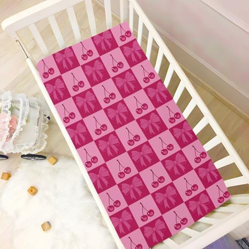 KICPOAY Checkered Pink Cherries Bows Crib Sheets 1