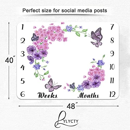 Baby Monthly Milestone Blanket - Purple Floral Butterfly 48x40 Inch