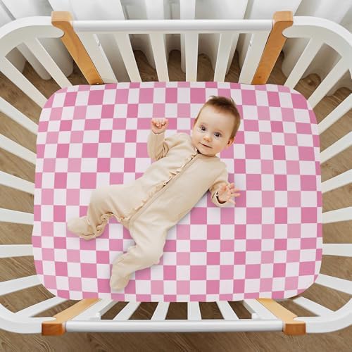 KICPOAY Light Pink Checkered Crib Sheets