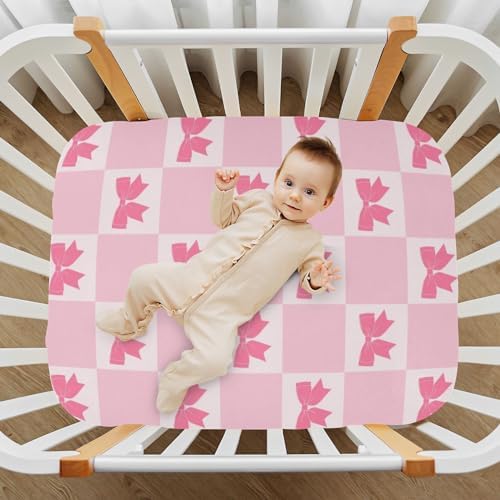 Y2K Checkered Crib Sheets with Pink Bows and Ribbons
