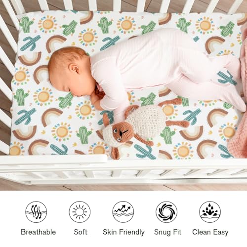 KASTLEE Boho Western Desert Fitted Crib Sheet Green Cactus Rainbow