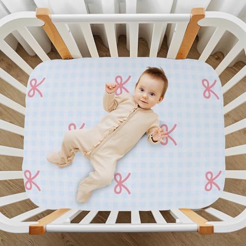 KICPOAY Fitted Crib Sheets with Blue Checkered and Pink Bows